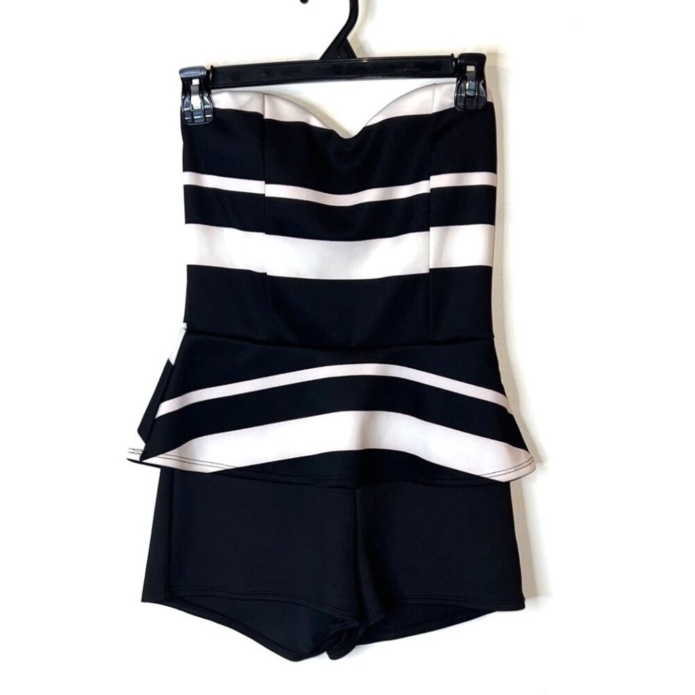 Joyce Leslie Black & White Striped Peplum Romper Strapless Medium